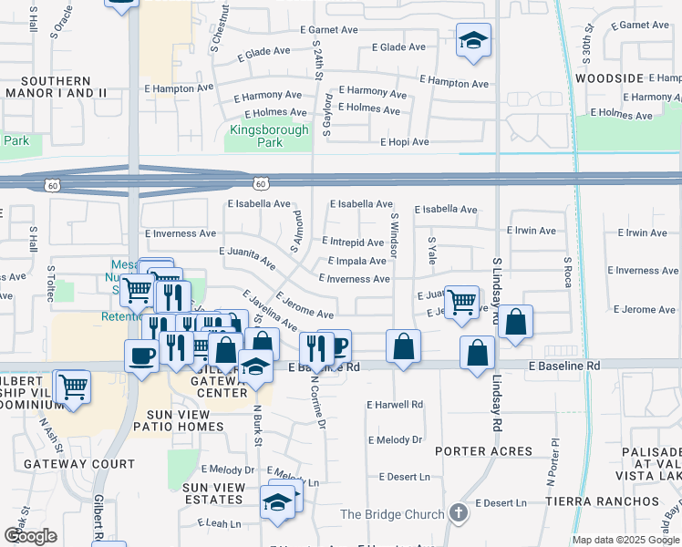 map of restaurants, bars, coffee shops, grocery stores, and more near 2434 East Inverness Avenue in Mesa