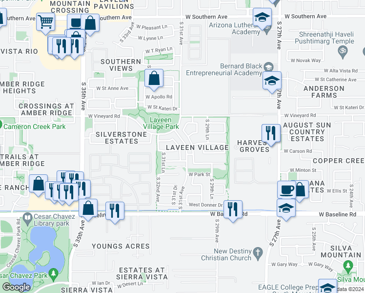 map of restaurants, bars, coffee shops, grocery stores, and more near 7025 South 31st Drive in Phoenix