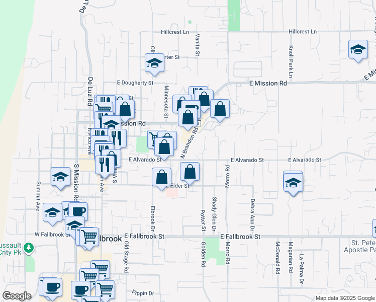 map of restaurants, bars, coffee shops, grocery stores, and more near in Fallbrook