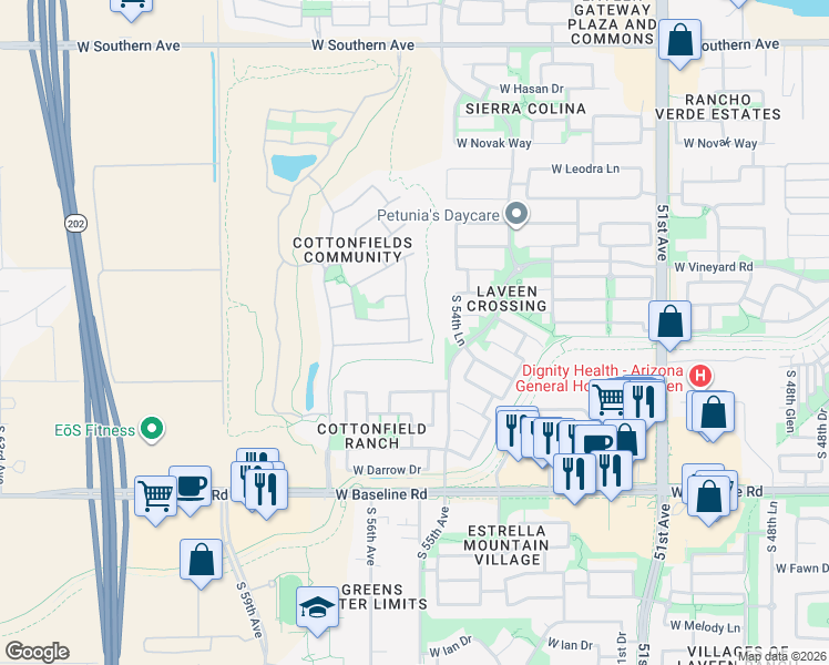map of restaurants, bars, coffee shops, grocery stores, and more near 7031 South 55th Lane in Phoenix