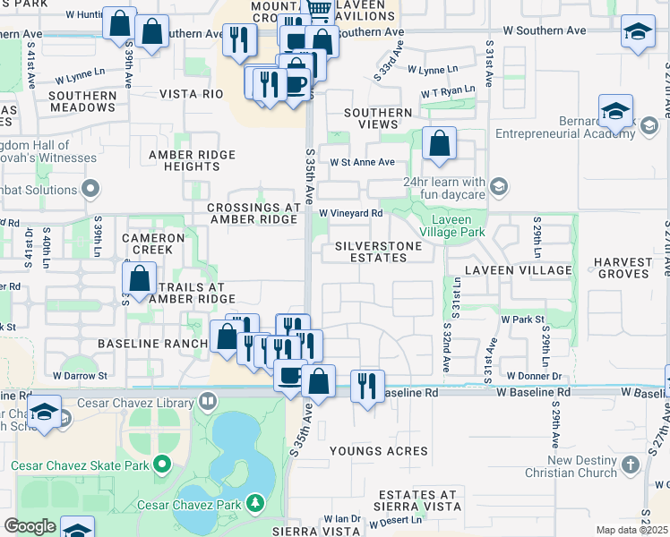 map of restaurants, bars, coffee shops, grocery stores, and more near 3409 West Maldonado Road in Phoenix