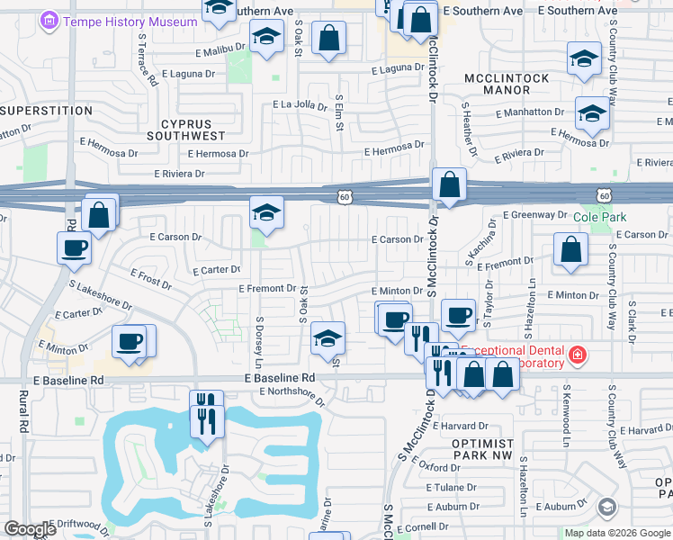 map of restaurants, bars, coffee shops, grocery stores, and more near 1518 East Fremont Drive in Tempe