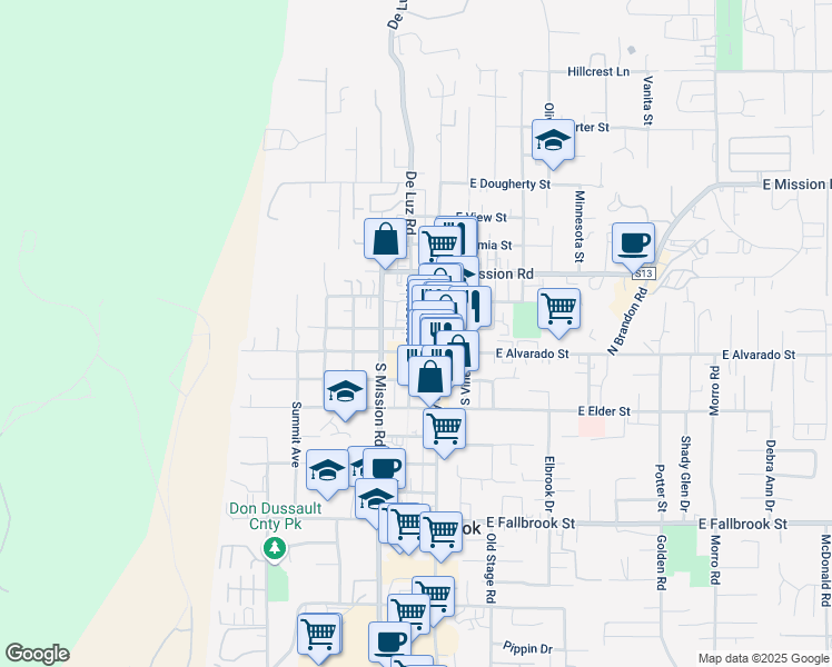 map of restaurants, bars, coffee shops, grocery stores, and more near 118 West Hawthorne Street in Fallbrook