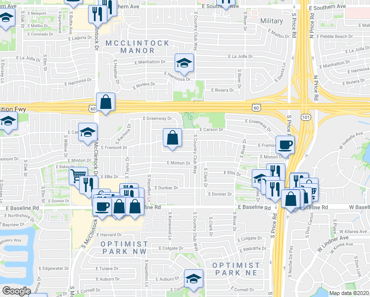 map of restaurants, bars, coffee shops, grocery stores, and more near 1974 East Richards Drive in Tempe