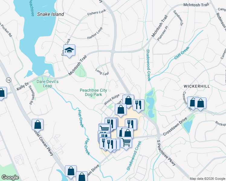 map of restaurants, bars, coffee shops, grocery stores, and more near 138 Braelinn Courts in Peachtree City