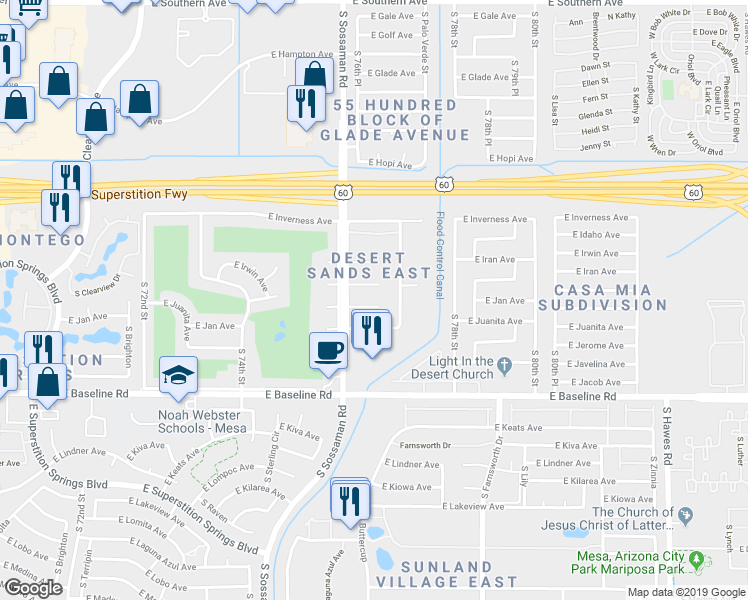 map of restaurants, bars, coffee shops, grocery stores, and more near 7632 East Jan Avenue in Mesa