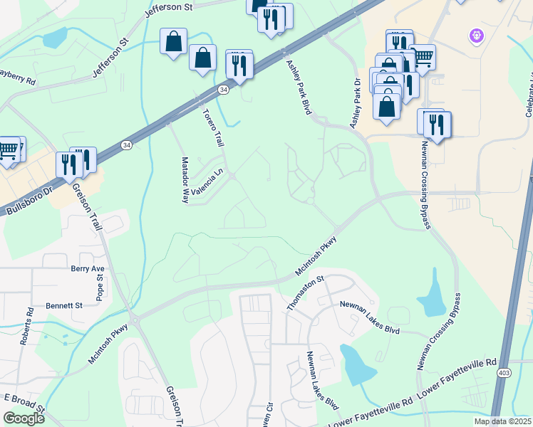 map of restaurants, bars, coffee shops, grocery stores, and more near 58 Torero Trail in Newnan