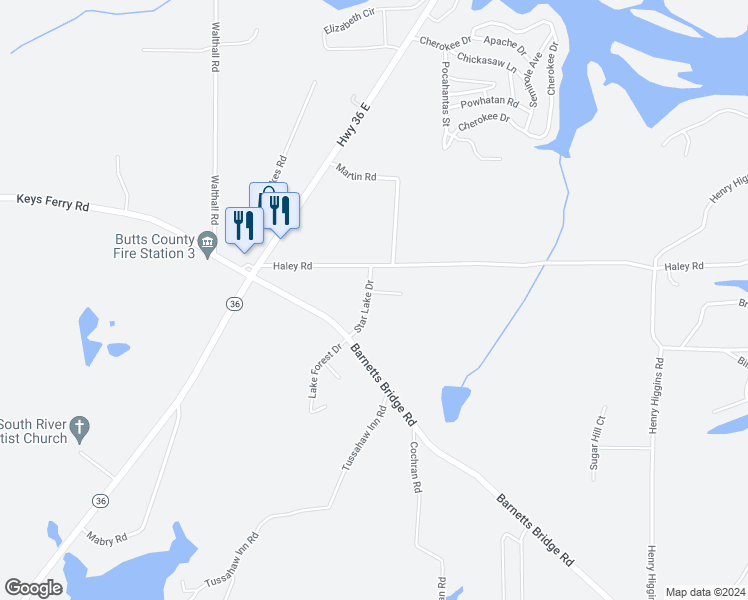map of restaurants, bars, coffee shops, grocery stores, and more near 114 Star Lake Drive in Jackson