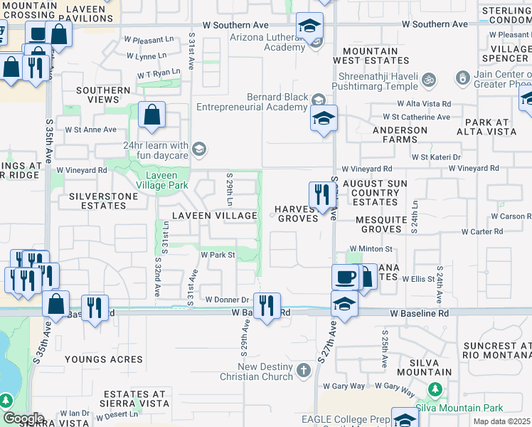 map of restaurants, bars, coffee shops, grocery stores, and more near 2830 West Harvest Groves Lane in Phoenix