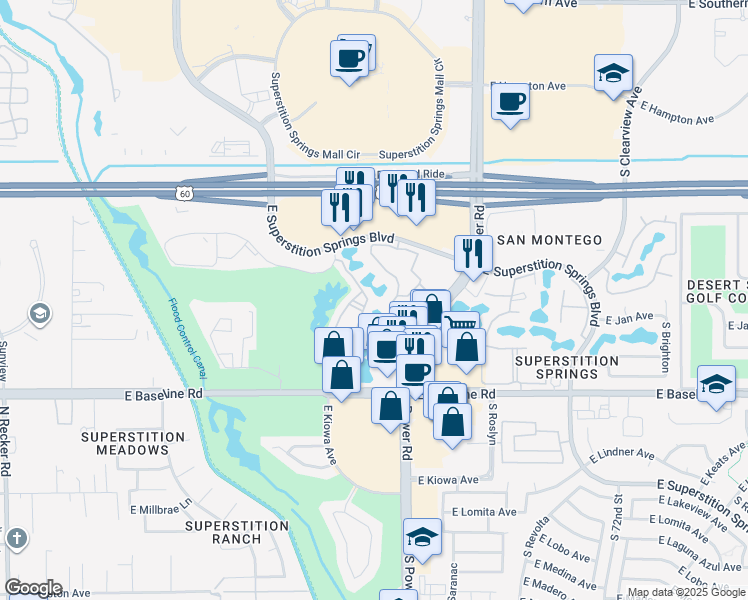 map of restaurants, bars, coffee shops, grocery stores, and more near 6535 East Superstition Springs Boulevard in Mesa