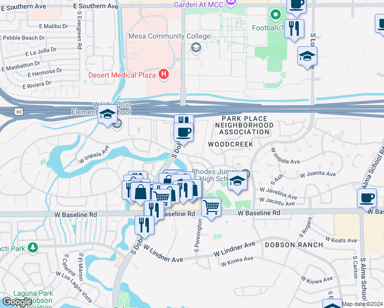 map of restaurants, bars, coffee shops, grocery stores, and more near 1802 South Yucca in Mesa