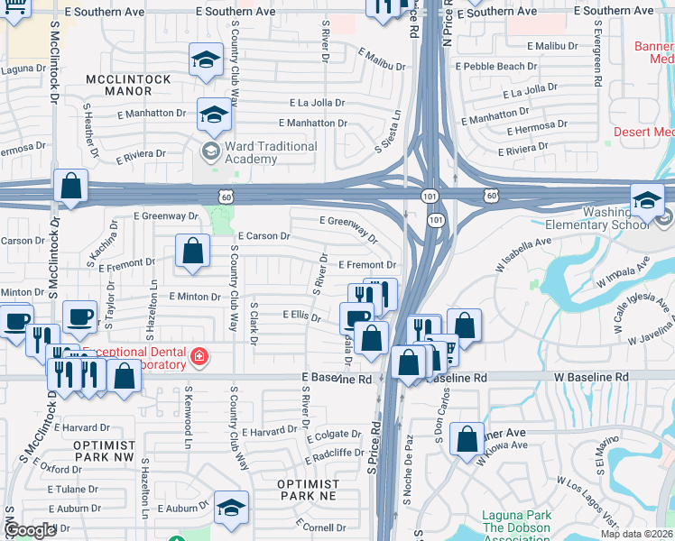 map of restaurants, bars, coffee shops, grocery stores, and more near 2121 East Fremont Drive in Tempe