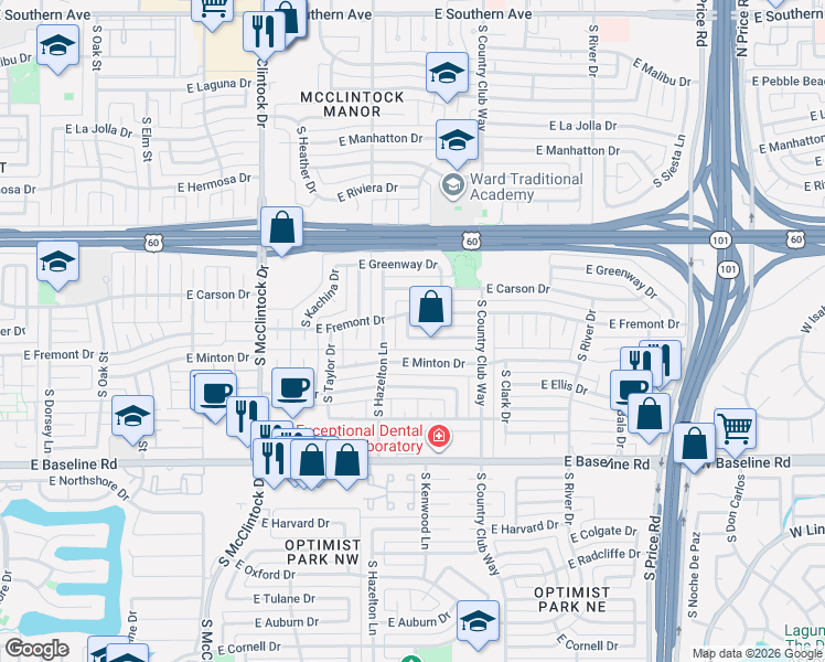 map of restaurants, bars, coffee shops, grocery stores, and more near 1932 East Richards Drive in Tempe