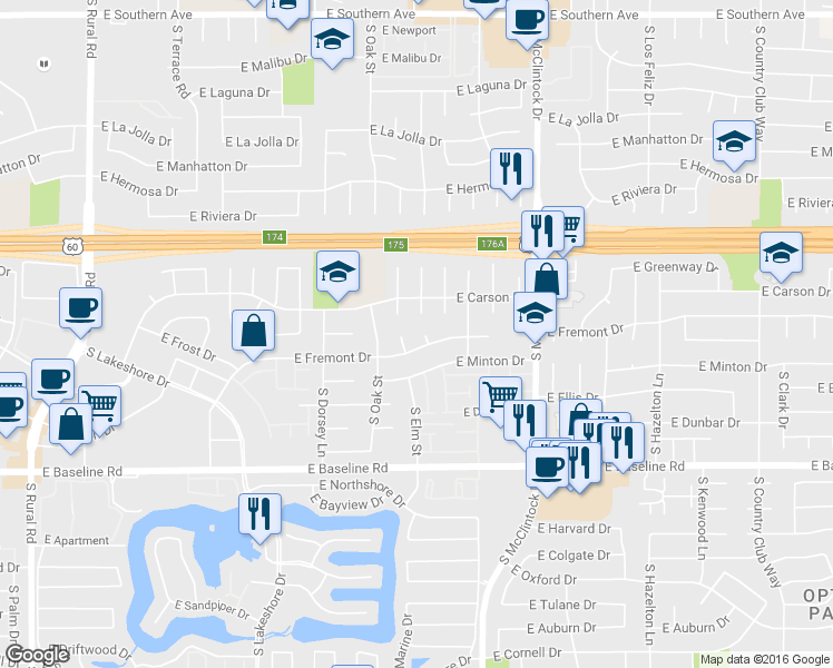 map of restaurants, bars, coffee shops, grocery stores, and more near 1518 East Fremont Drive in Tempe
