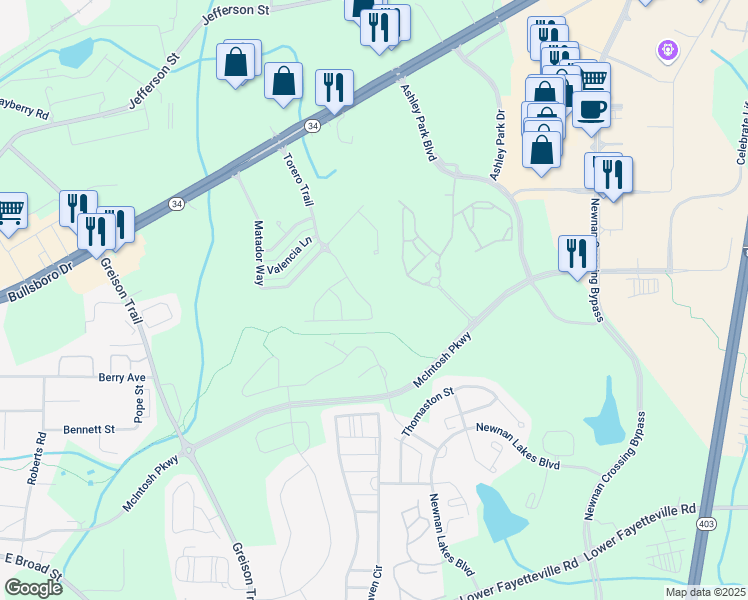 map of restaurants, bars, coffee shops, grocery stores, and more near 58 Torero Trail in Newnan