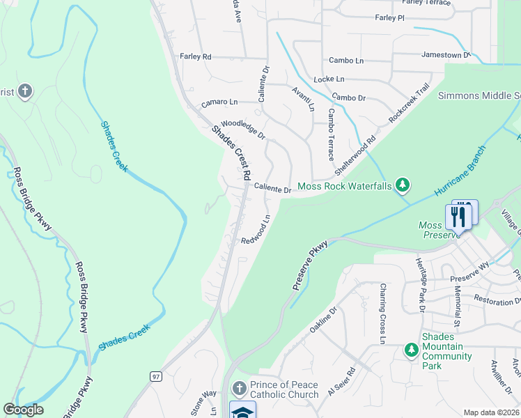 map of restaurants, bars, coffee shops, grocery stores, and more near 186 Redwood Lane in Birmingham