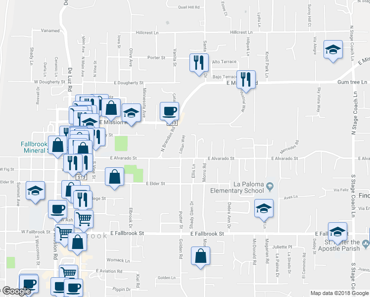 map of restaurants, bars, coffee shops, grocery stores, and more near 129 Lillian Way in Fallbrook
