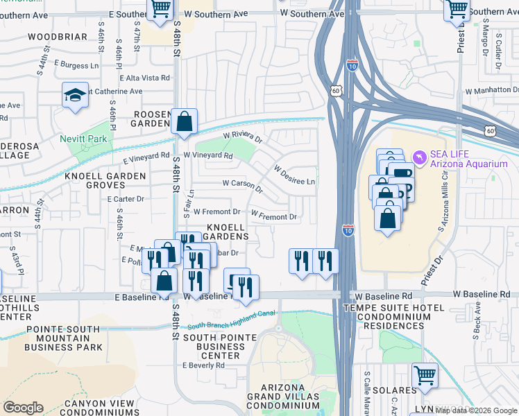 map of restaurants, bars, coffee shops, grocery stores, and more near 2316 West Fremont Drive in Tempe