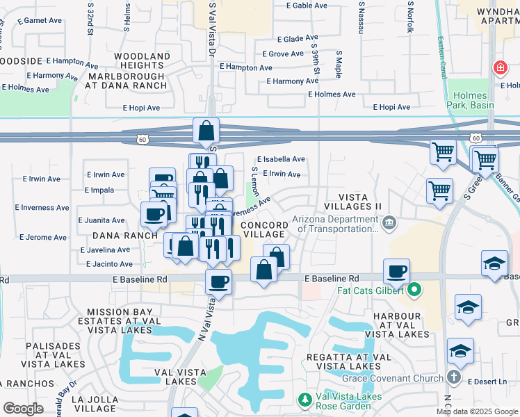 map of restaurants, bars, coffee shops, grocery stores, and more near 3719 East Inverness Avenue in Mesa
