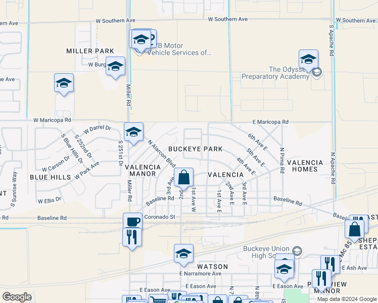 map of restaurants, bars, coffee shops, grocery stores, and more near 95 4th Avenue West in Buckeye