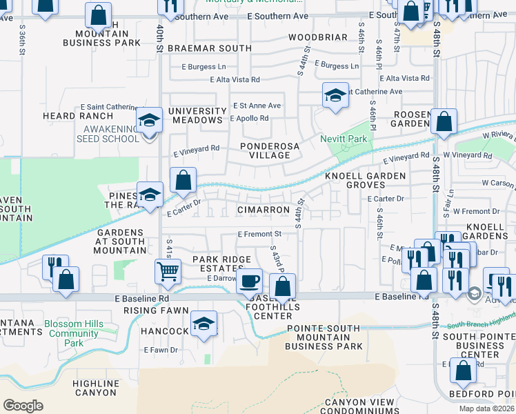 map of restaurants, bars, coffee shops, grocery stores, and more near 7021 South 43rd Street in Phoenix