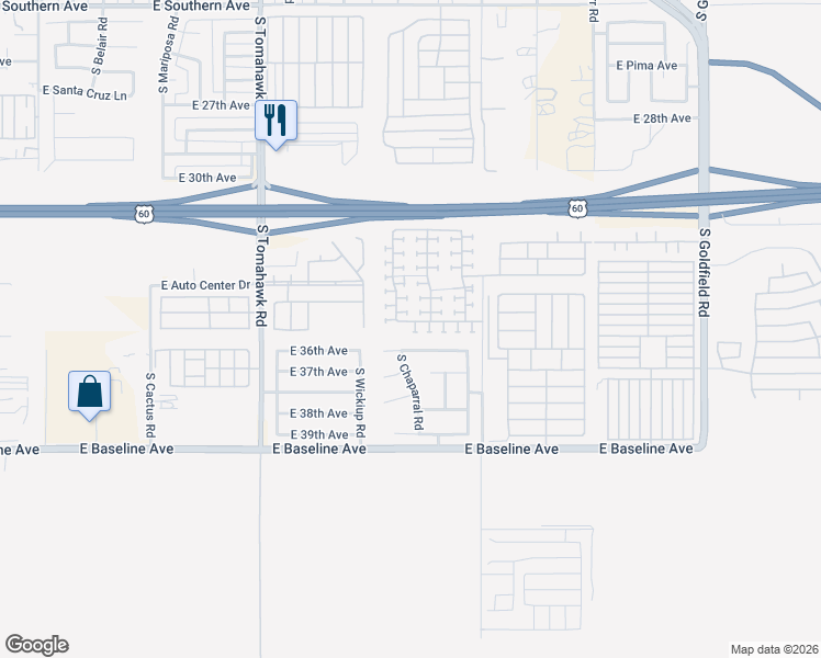 map of restaurants, bars, coffee shops, grocery stores, and more near 2092 East 36th Avenue in Apache Junction
