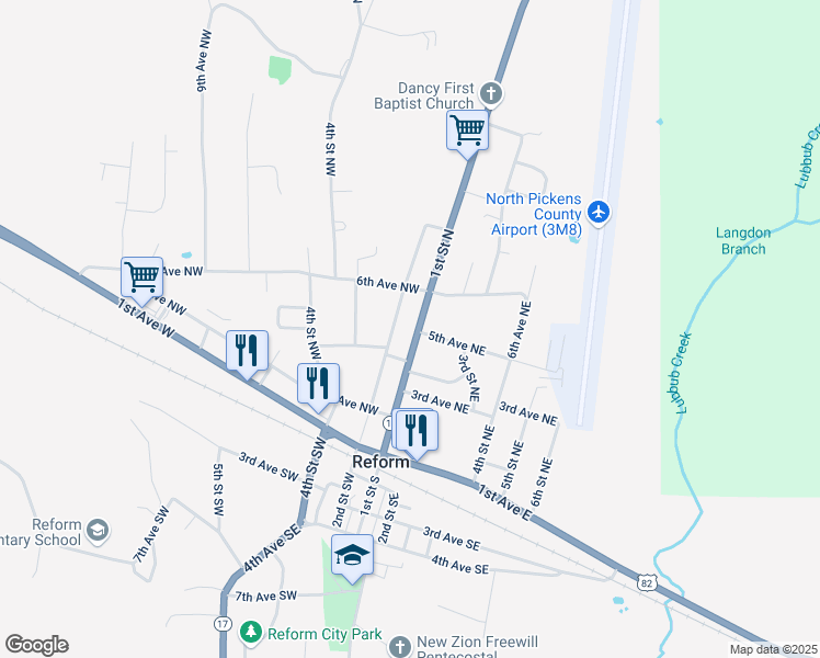 map of restaurants, bars, coffee shops, grocery stores, and more near 404 1st Street North in Reform