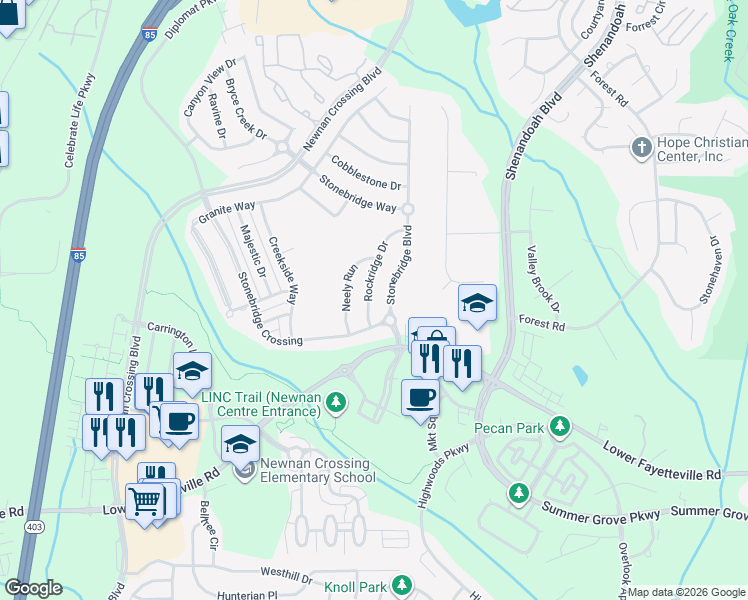 map of restaurants, bars, coffee shops, grocery stores, and more near 18 Rockridge Drive in Newnan