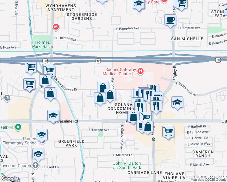 map of restaurants, bars, coffee shops, grocery stores, and more near 5885 Pierpont Drive in Mesa