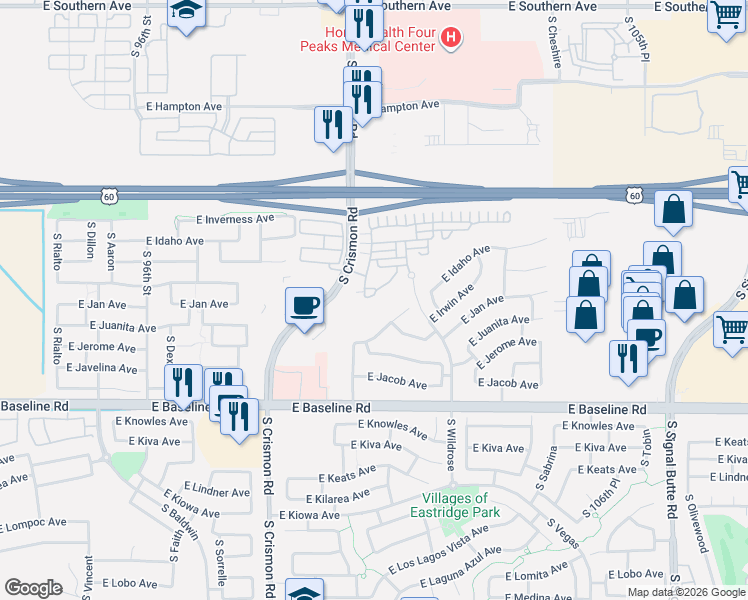 map of restaurants, bars, coffee shops, grocery stores, and more near 1764 South Chatsworth in Mesa