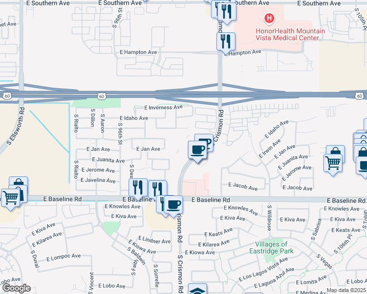 map of restaurants, bars, coffee shops, grocery stores, and more near South Crismon Road in Mesa