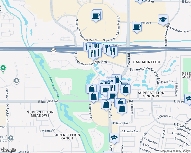 map of restaurants, bars, coffee shops, grocery stores, and more near 6535 East Superstition Springs Boulevard in Mesa