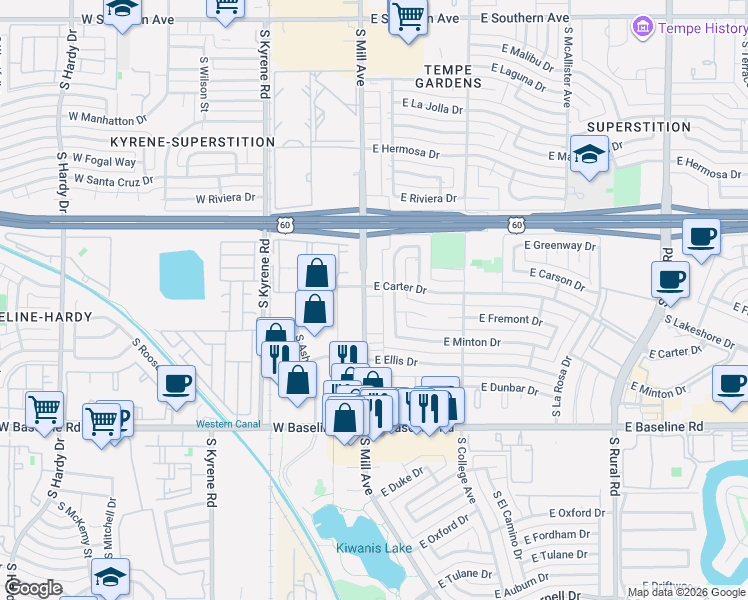 map of restaurants, bars, coffee shops, grocery stores, and more near 4633 South Mill Avenue in Tempe