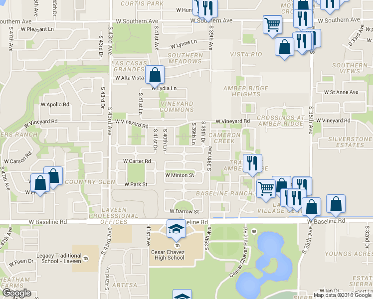 map of restaurants, bars, coffee shops, grocery stores, and more near 7012 South 40th Avenue in Phoenix
