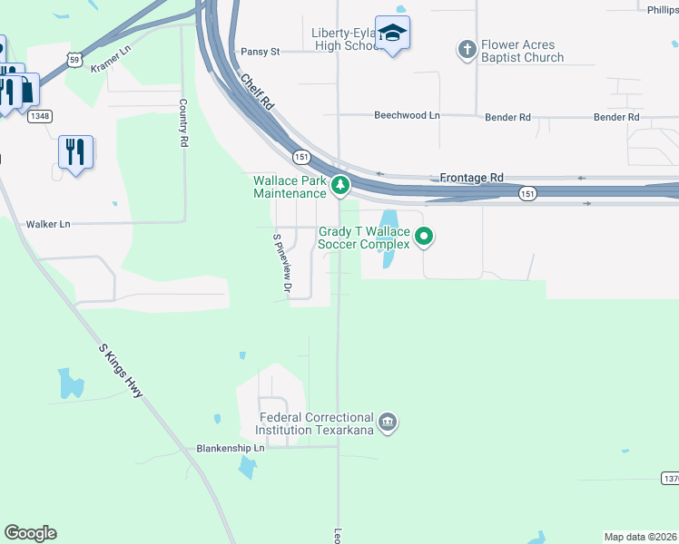 map of restaurants, bars, coffee shops, grocery stores, and more near 5555 Leopard Drive in Texarkana