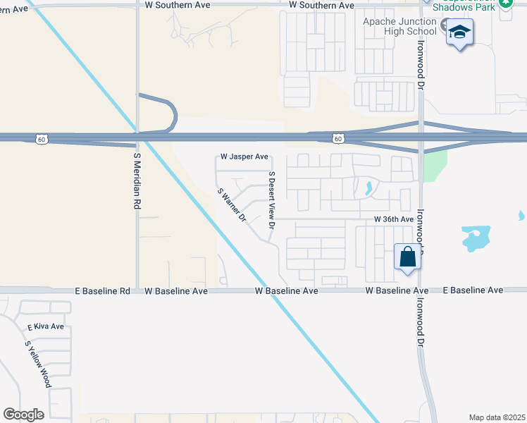 map of restaurants, bars, coffee shops, grocery stores, and more near 3542 South Warner Drive in Apache Junction