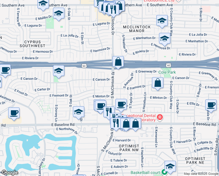 map of restaurants, bars, coffee shops, grocery stores, and more near 1809 East Fremont Drive in Tempe