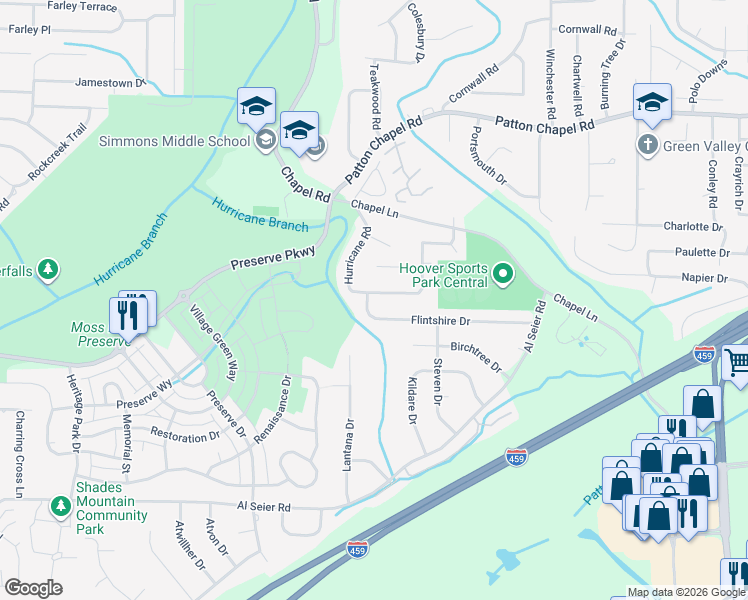 map of restaurants, bars, coffee shops, grocery stores, and more near 3406 Flintshire Drive in Birmingham