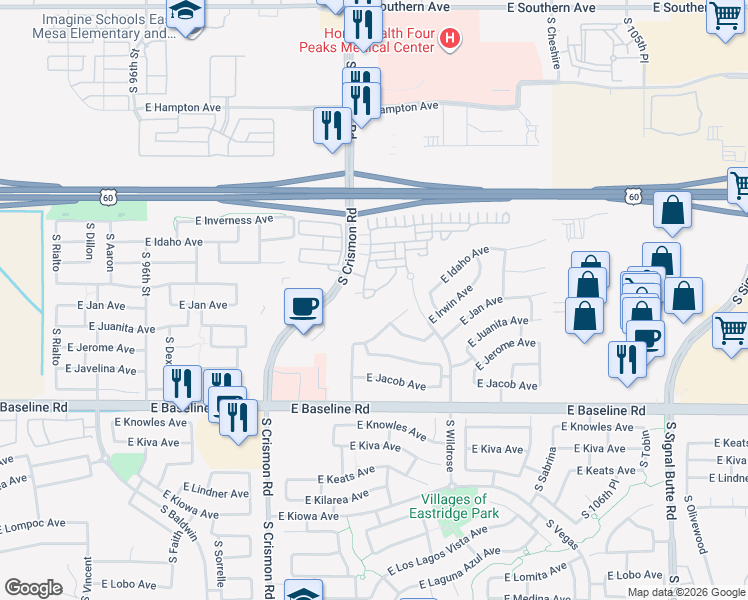 map of restaurants, bars, coffee shops, grocery stores, and more near 1751 South Chatsworth in Mesa