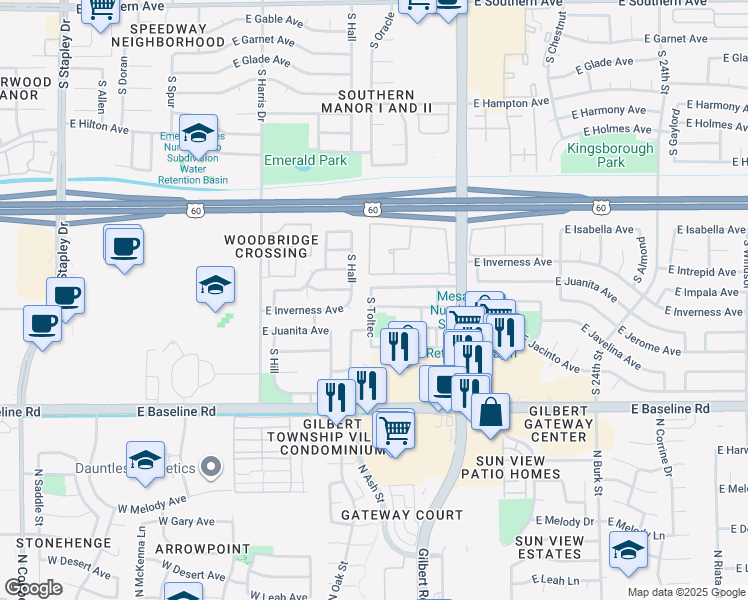 map of restaurants, bars, coffee shops, grocery stores, and more near 1816 East Inverness Avenue in Mesa
