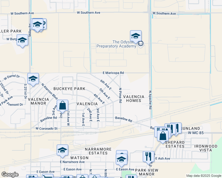 map of restaurants, bars, coffee shops, grocery stores, and more near 209 6th Avenue East in Buckeye