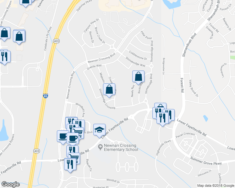 map of restaurants, bars, coffee shops, grocery stores, and more near 32 Creekside Way in Newnan