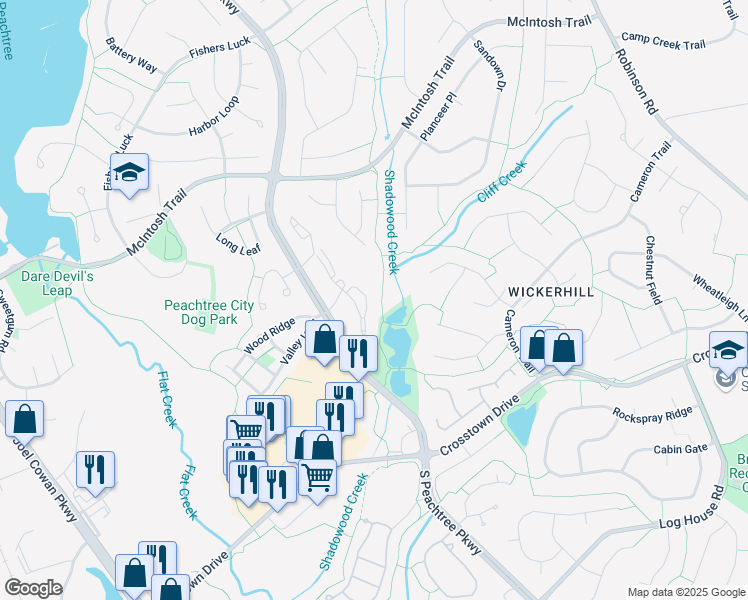 map of restaurants, bars, coffee shops, grocery stores, and more near 717 Peachtree Club Drive in Peachtree City