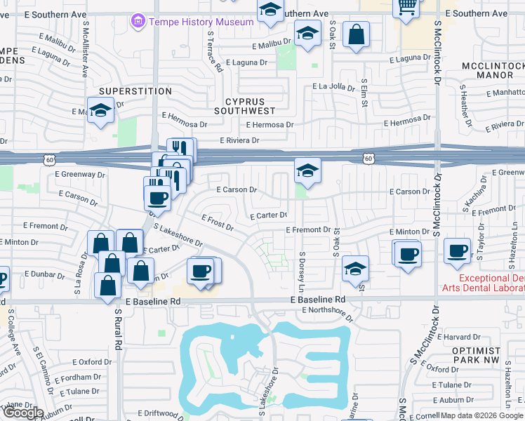 map of restaurants, bars, coffee shops, grocery stores, and more near 1121 East Carter Drive in Tempe