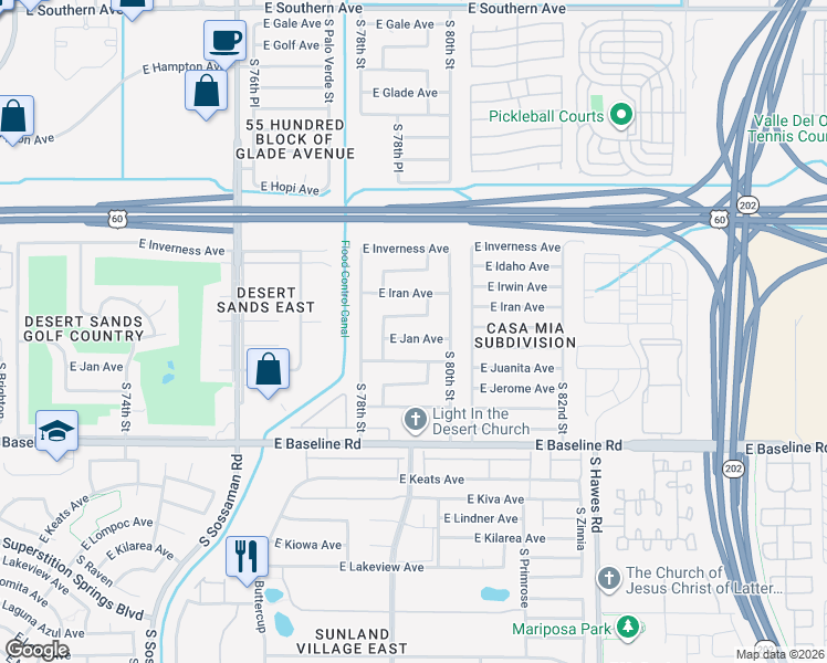 map of restaurants, bars, coffee shops, grocery stores, and more near 7921 East Jan Avenue in Mesa