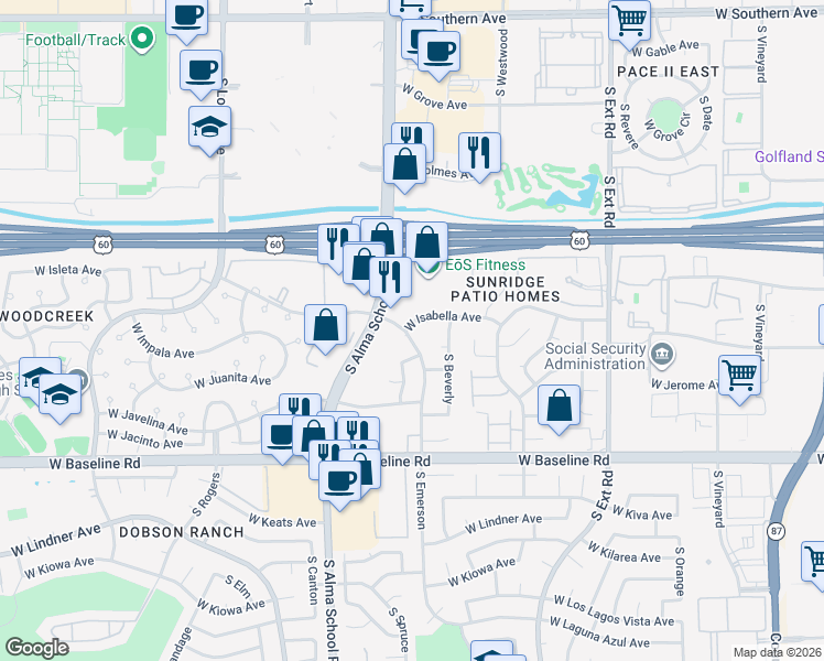 map of restaurants, bars, coffee shops, grocery stores, and more near 1762 South Emerson in Mesa