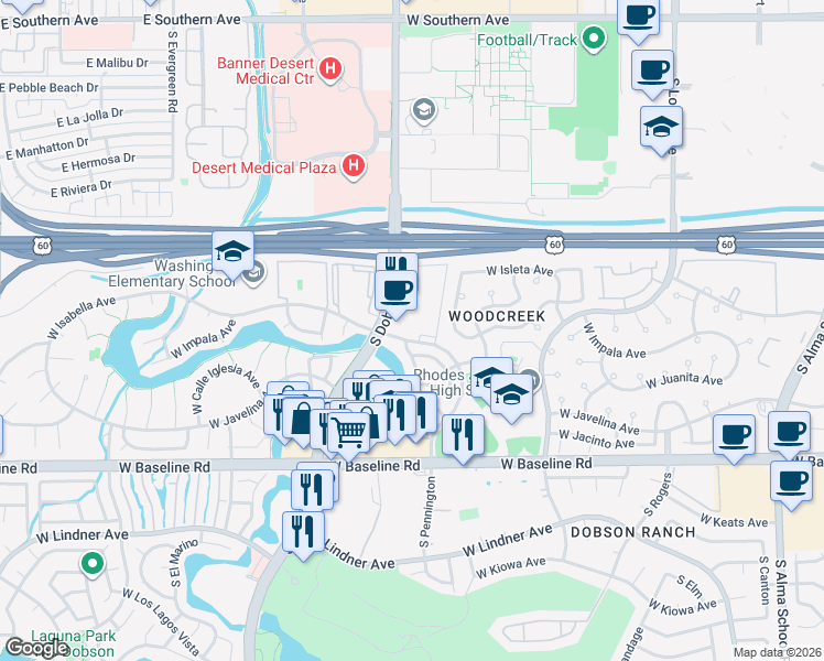 map of restaurants, bars, coffee shops, grocery stores, and more near 1802 South Yucca in Mesa