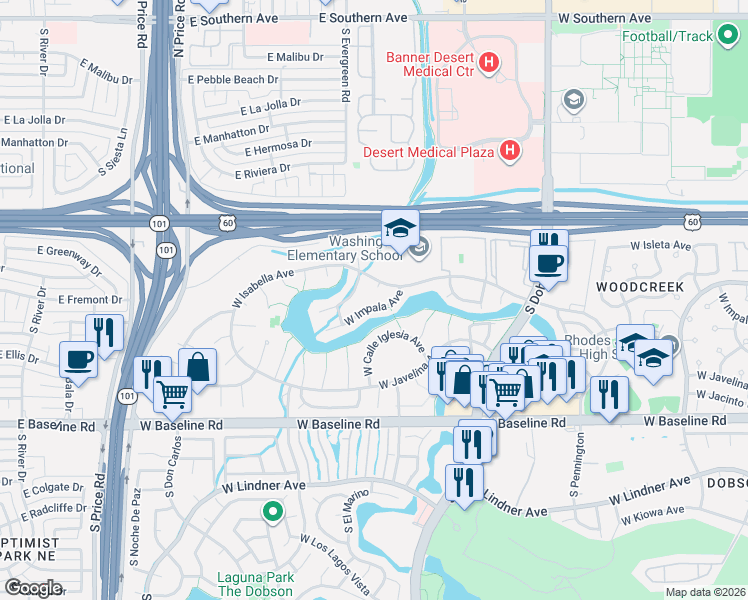 map of restaurants, bars, coffee shops, grocery stores, and more near 2331 West Impala Avenue in Mesa