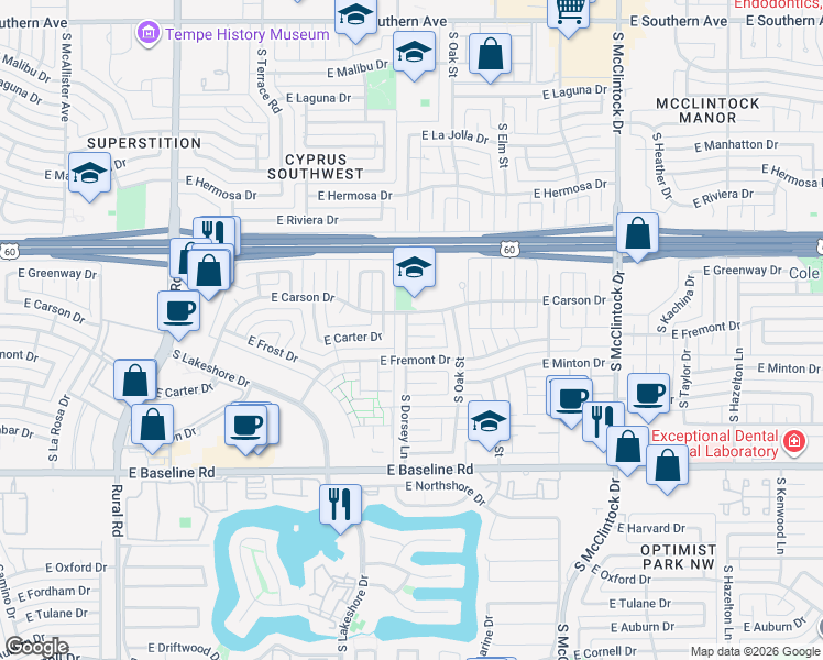 map of restaurants, bars, coffee shops, grocery stores, and more near 1321 East Carter Drive in Tempe