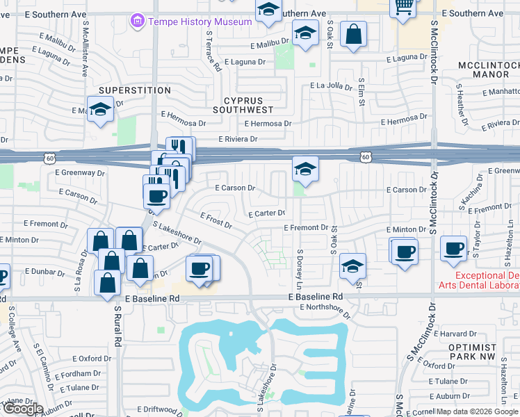 map of restaurants, bars, coffee shops, grocery stores, and more near 1121 East Carter Drive in Tempe